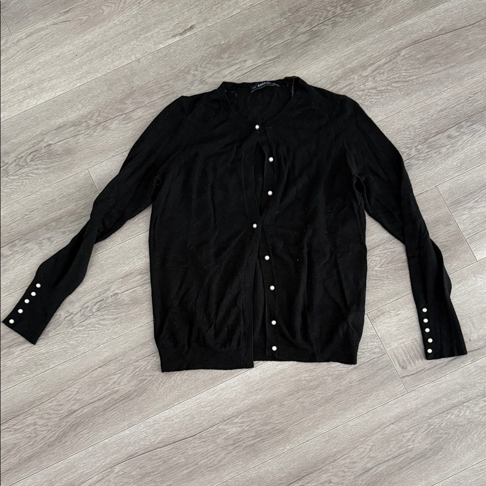 Zara Black Cardigan Sweater with Pearl Buttons